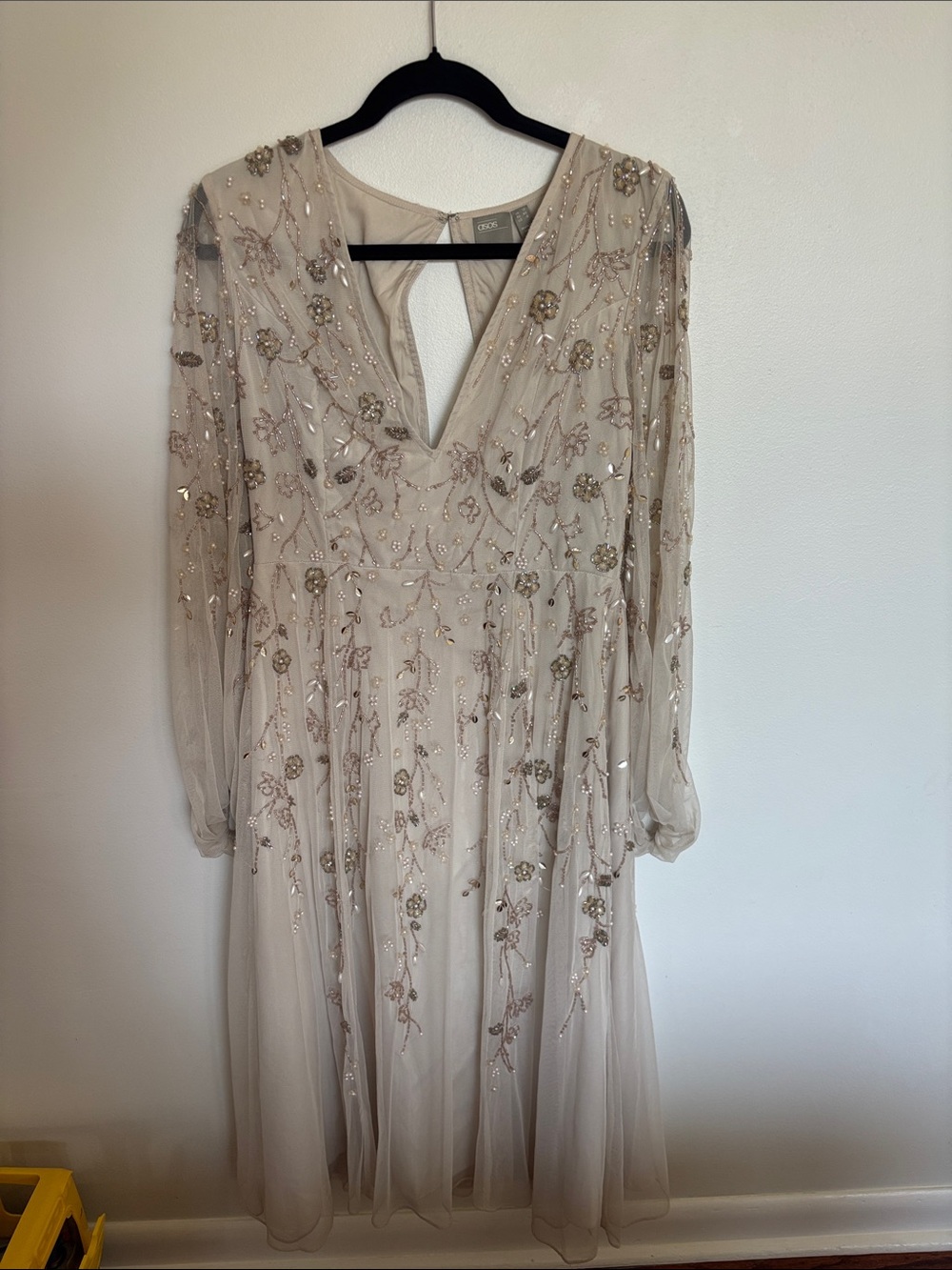 Beaded V-Neck Long Sleeve Dress in Light Beige